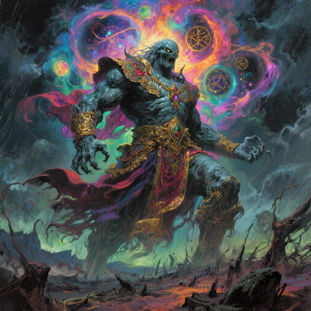 Eldritch Deity Over Stormy Landscape in Frazetta Style