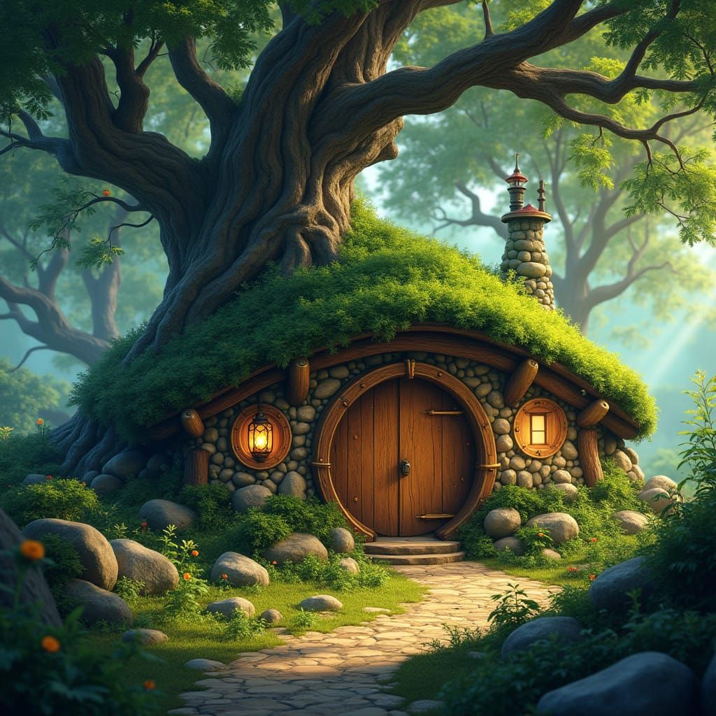 Whimsical Hobbit Hole in Lush Fantasy Forest
