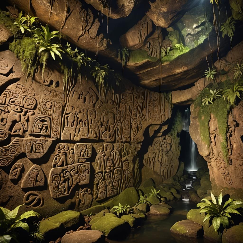 Mystical Cave Carvings in Primeval Landscape