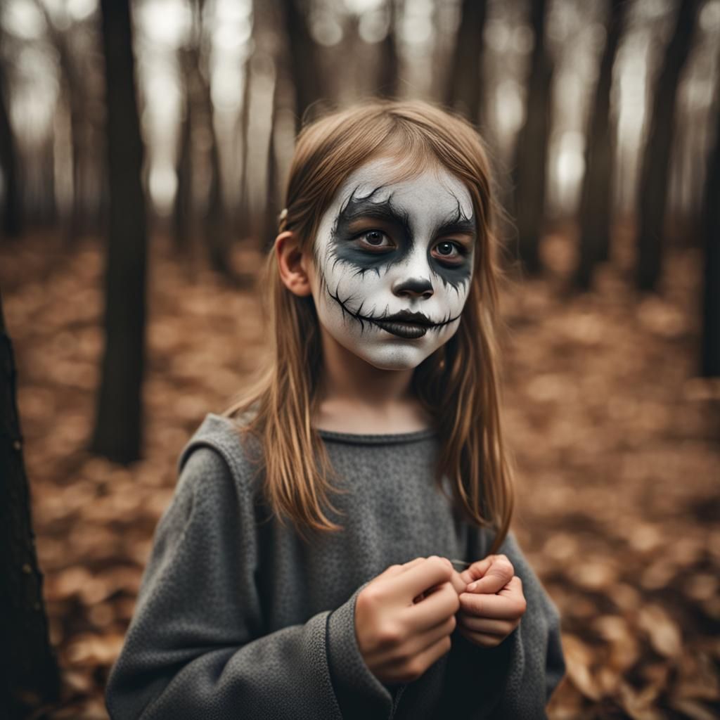 Girl in Woods with Halloween Mask Face Paint