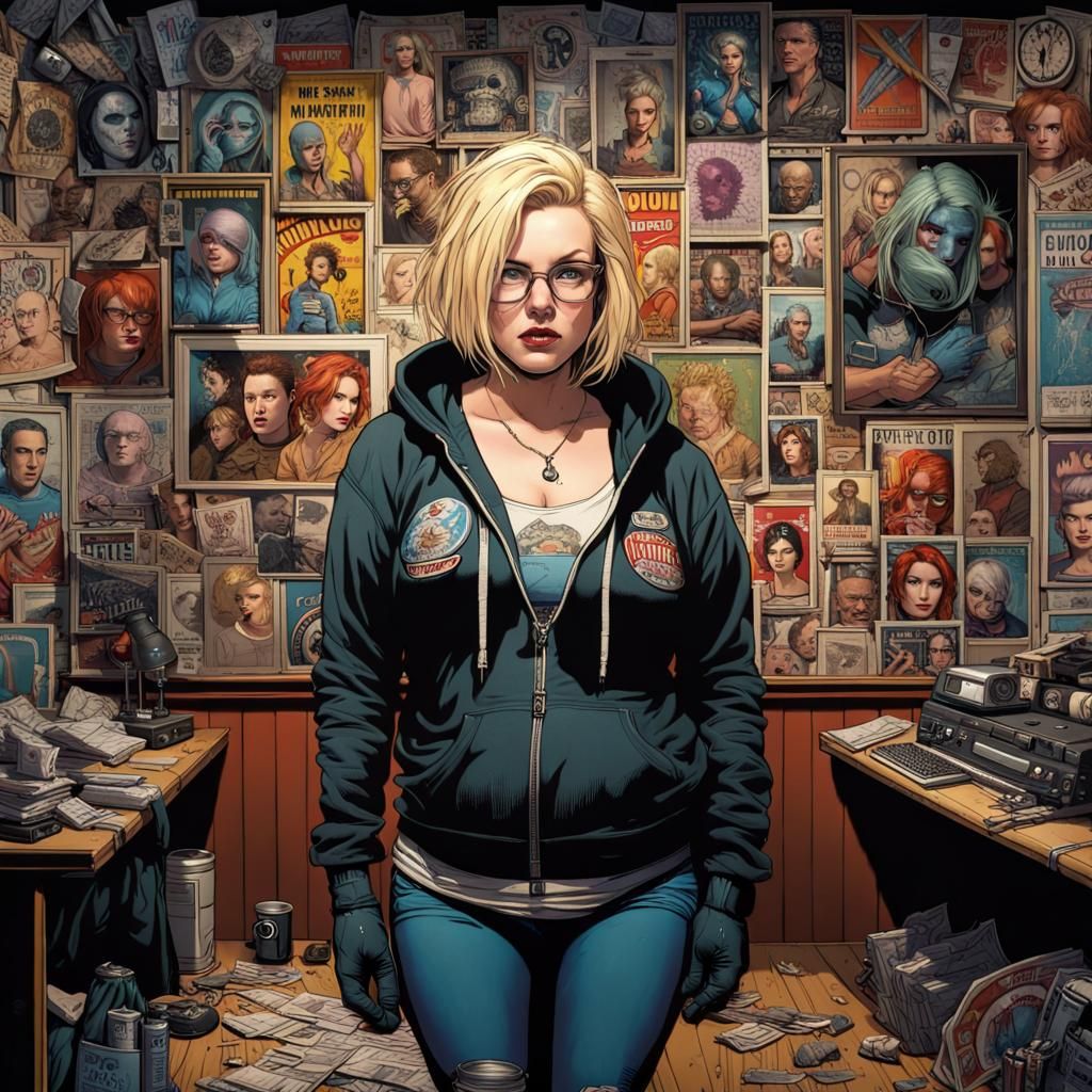 Playful Blonde in Grunge Room, Comic Book Art