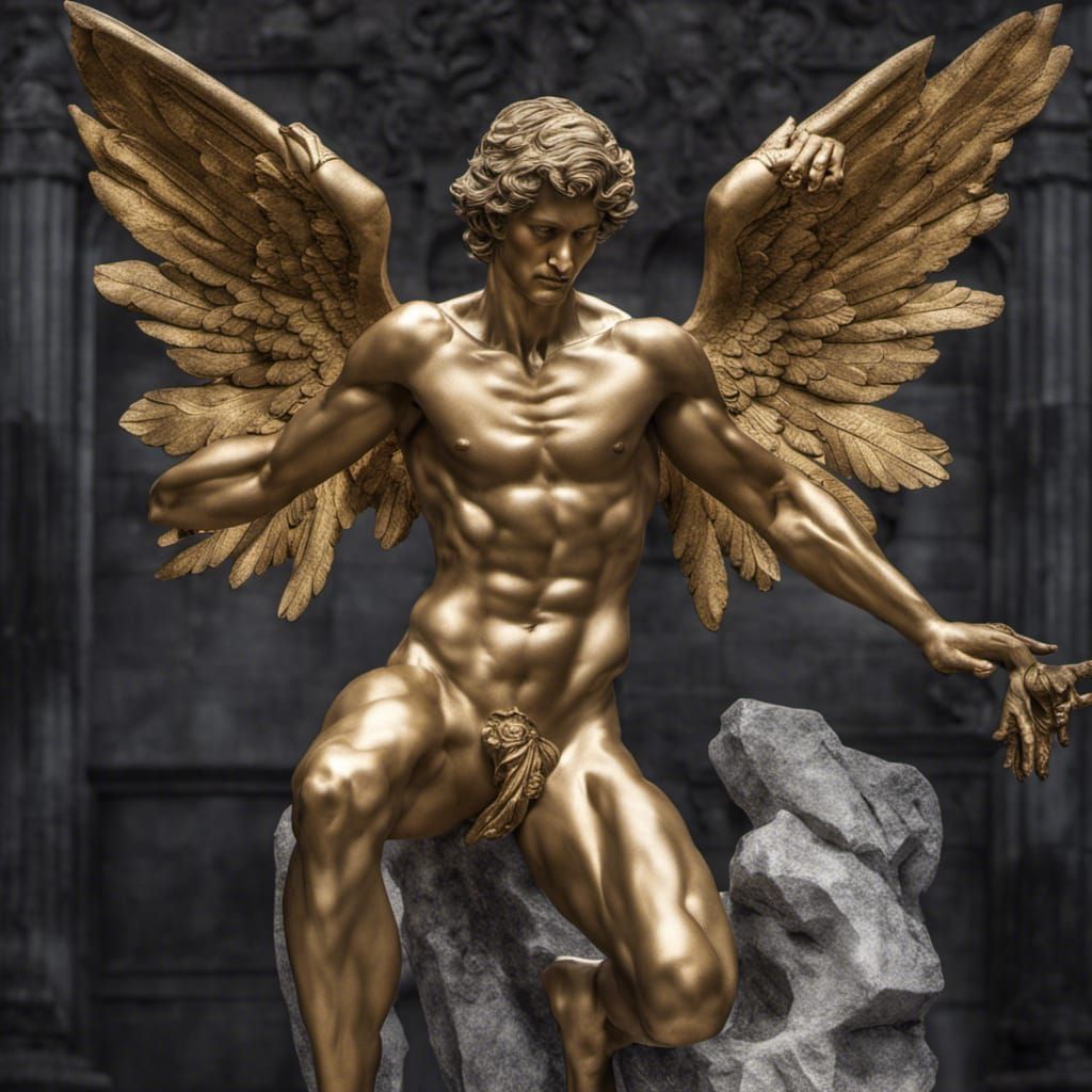 Hyperrealistic Sculpture of a Golden-Winged Angel