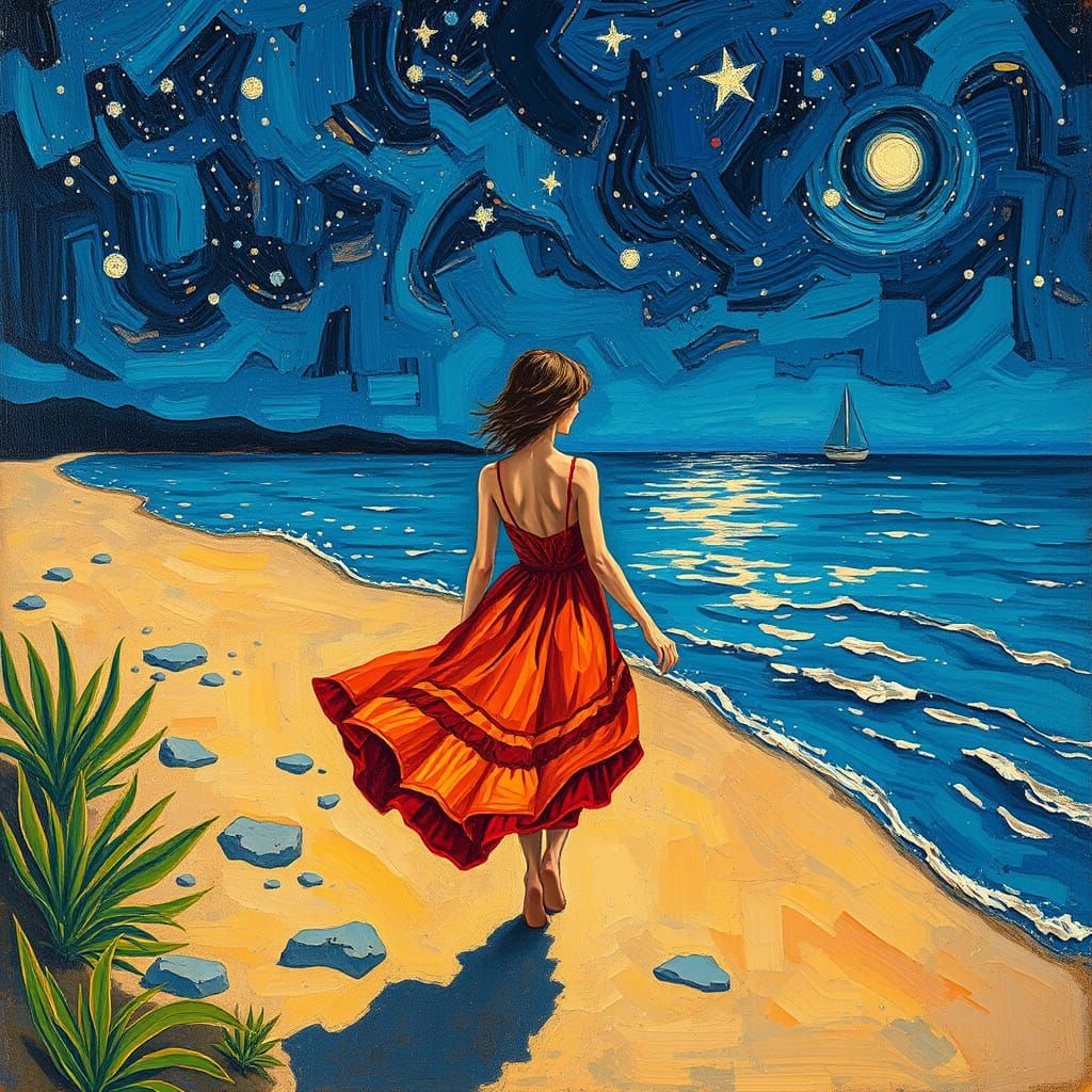 Woman Walks on Beach at Night in Expressionist Style