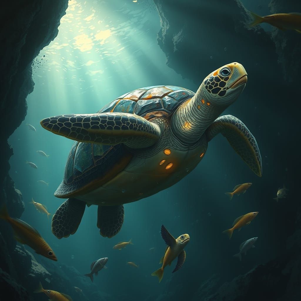 Wise Sea Turtle With Sea Glass Shell in Deep Ocean