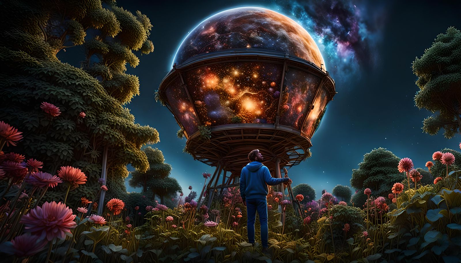 Astronomer Observes Starry Sky in Watercolor Rendering