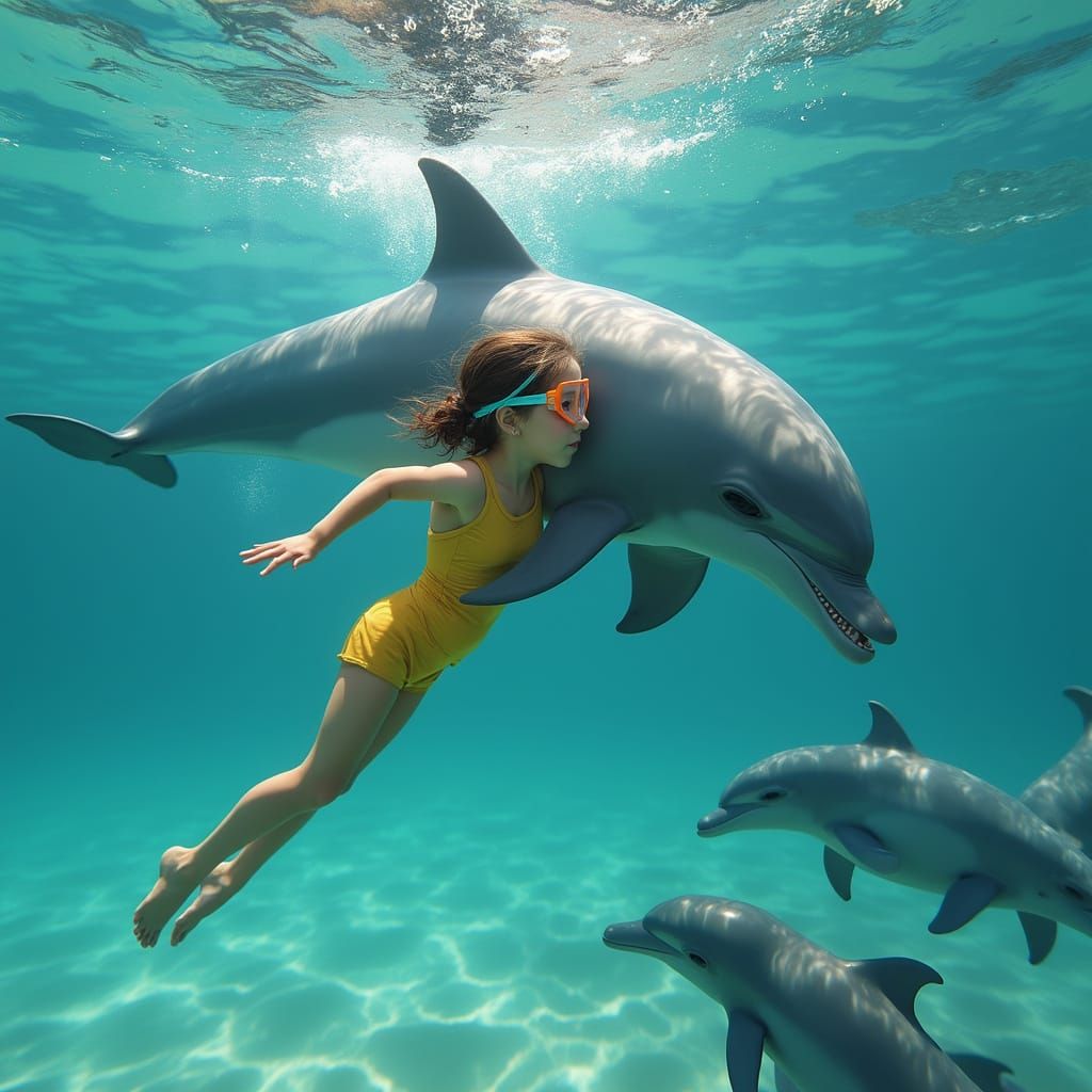 Girl Swimming with Dolphins in Turquoise Ocean