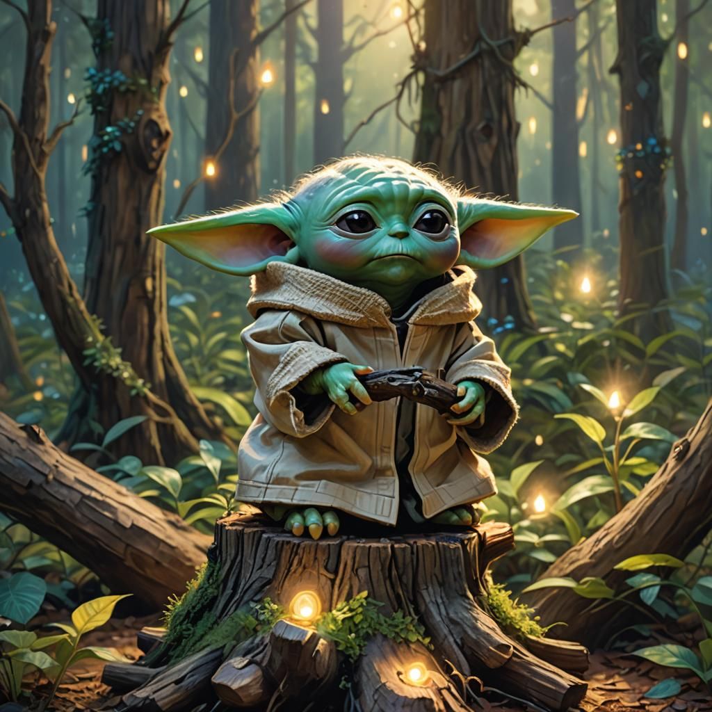 Baby Yoda in Mystical Forest: Impressionist Digital Art