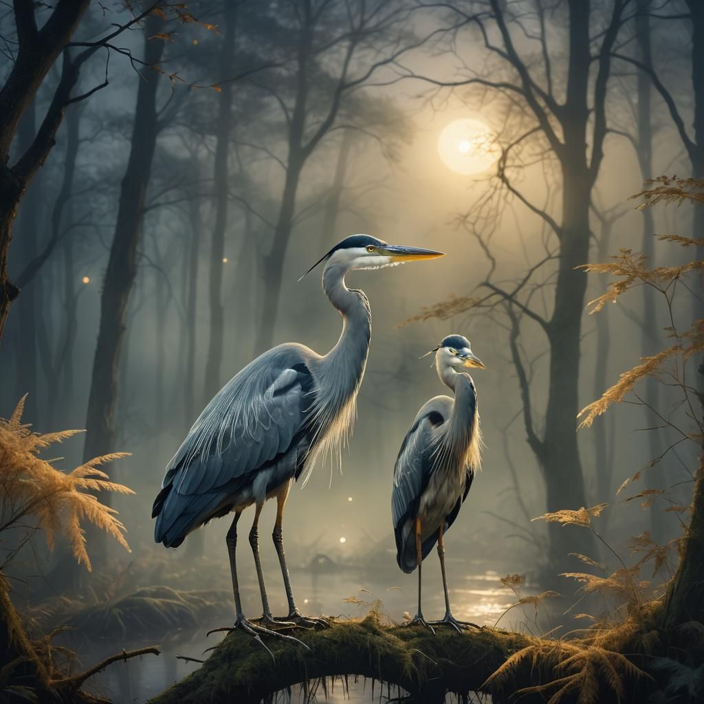 Ethereal Heron in Misty Forest: Surrealist Portrait