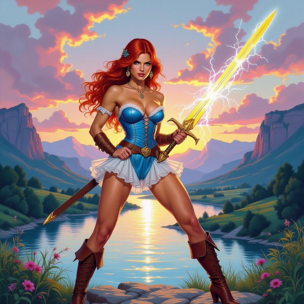 Nordic Warrior with Lightning Sword at Sunset