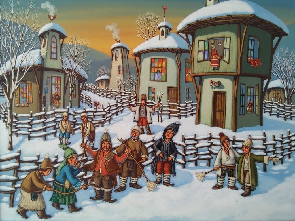 Winter Village Scene in Naive Art Style