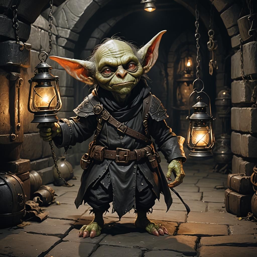 Goblin Watchdog with Lantern in Medieval Basement