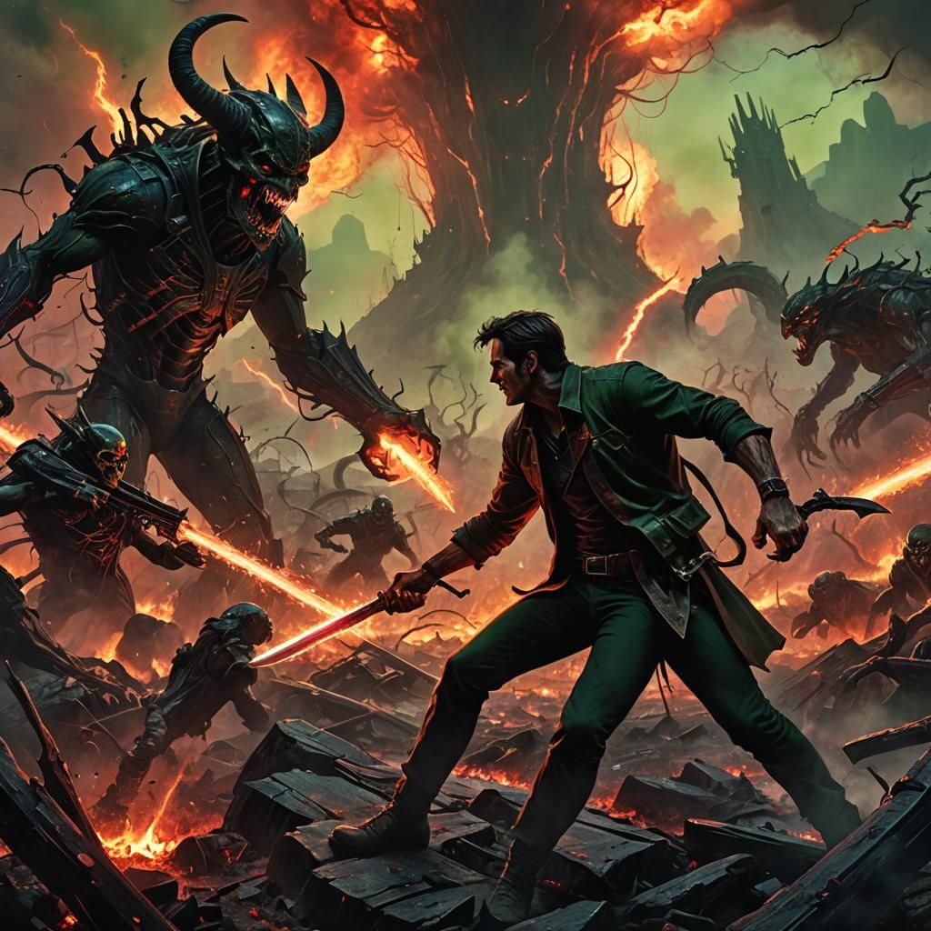 Epic Battle in Hellish Landscape in Gothic Style