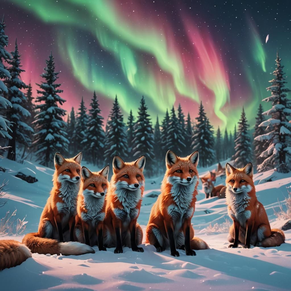 Foxes Watching Aurora Borealis in Fantasy Landscape