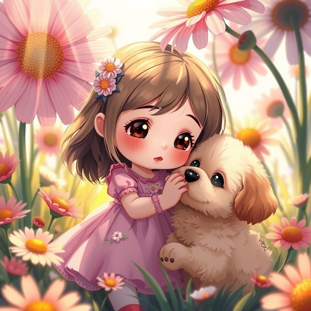 Chibi Girl Petting Fluffy Puppy in Whimsical Meadow