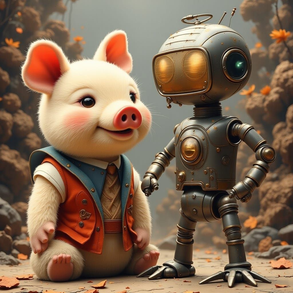 Robot's Plush Piggy Toy Friend: Vintage Puppet Art