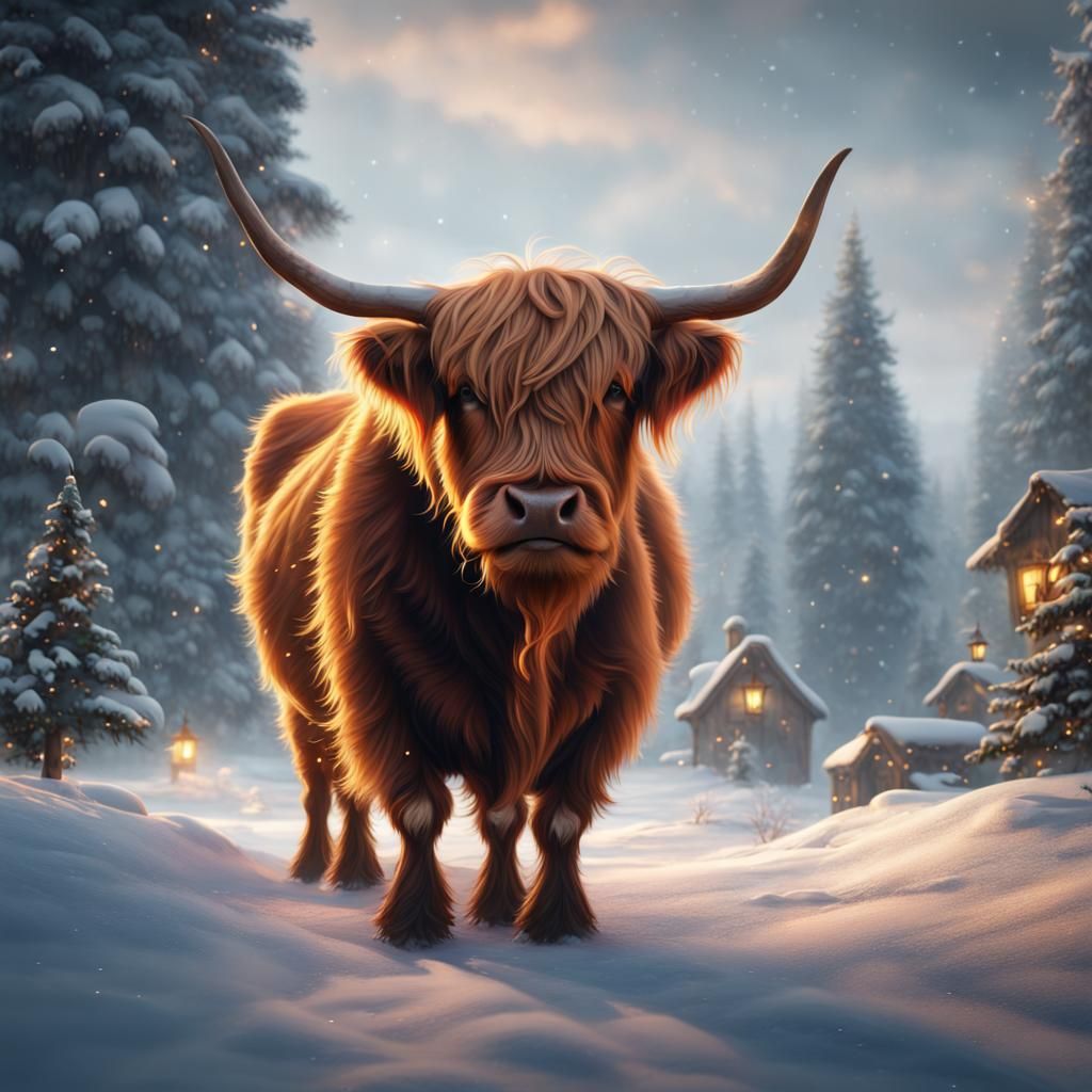 Festive Highland Cow Christmas: Detailed Digital Painting