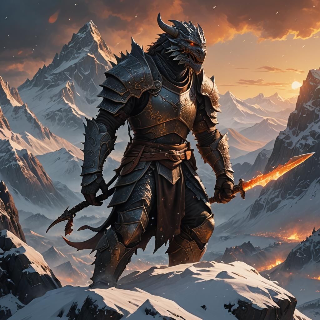 Heroic Dragonborn on Snow-Capped Peak in Cinematic Style
