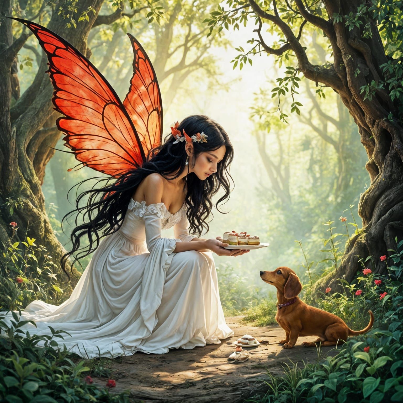 Fairy Offers Cakes to Dachshund in Enchanted Forest