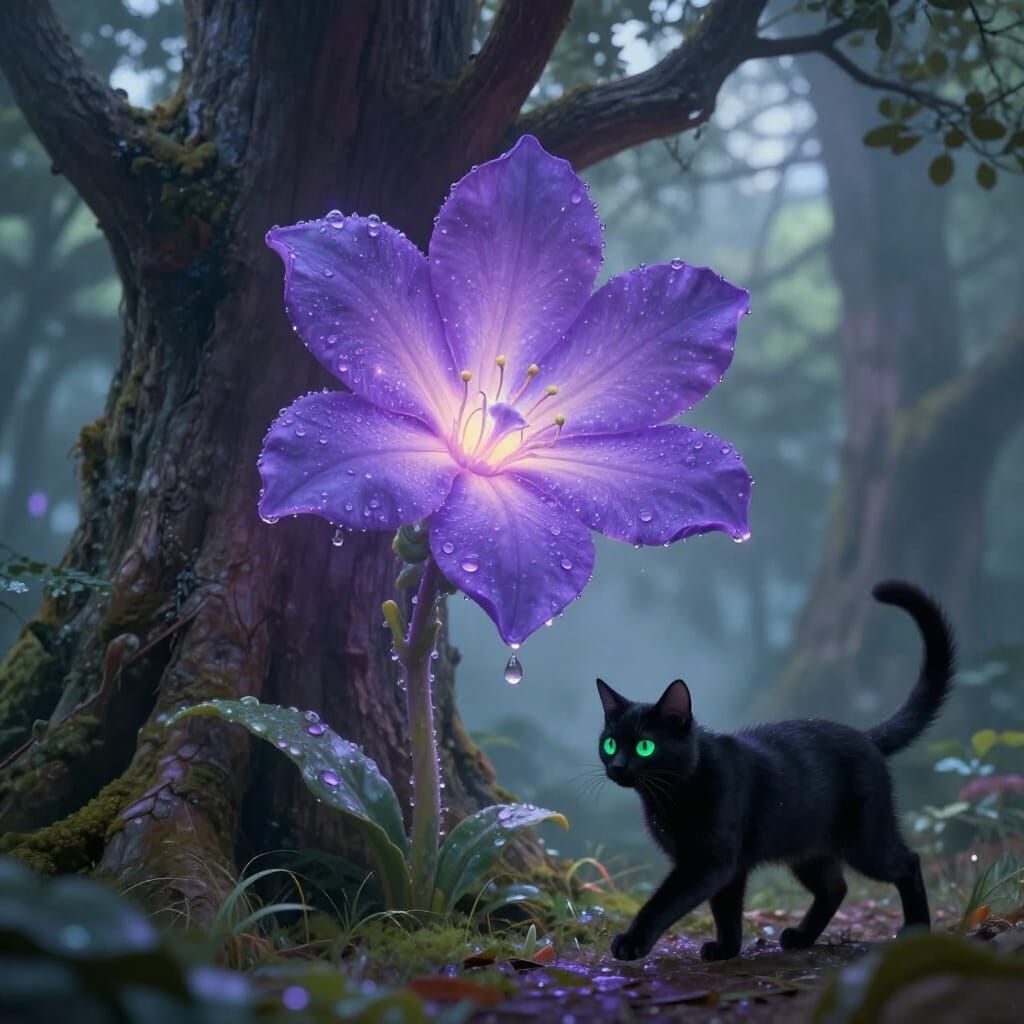 Ethereal Flower Glows with Dew and Hidden Cat