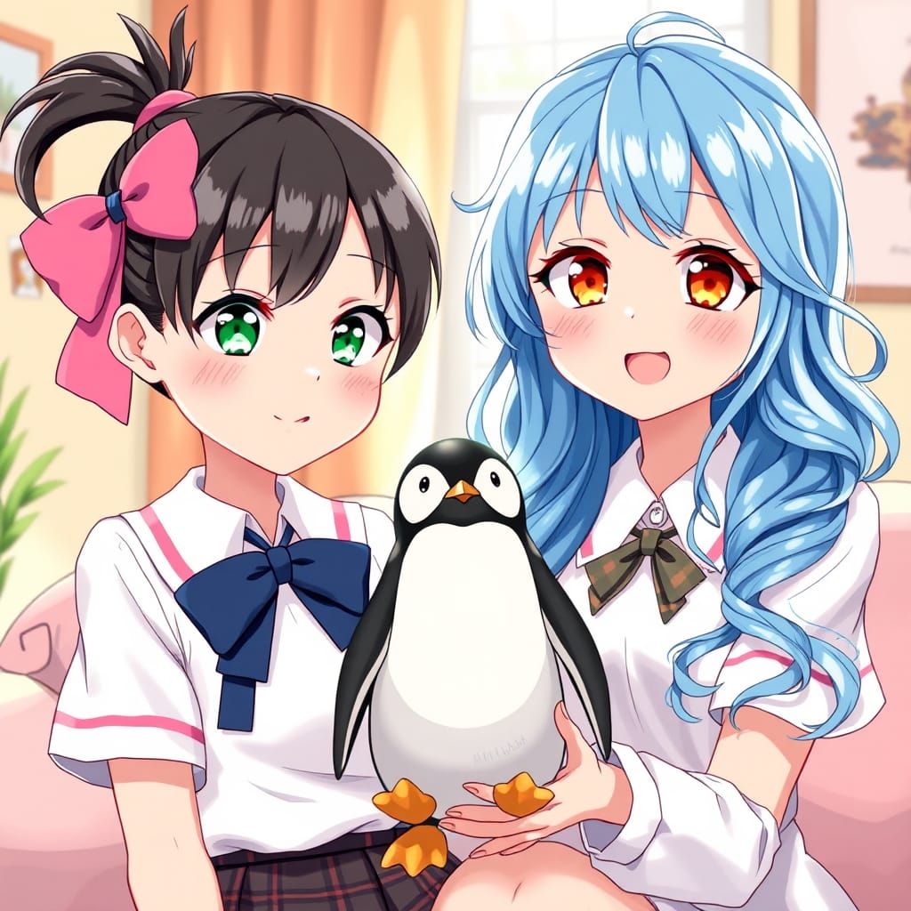 Anime Girls with Penguin in Manga Style