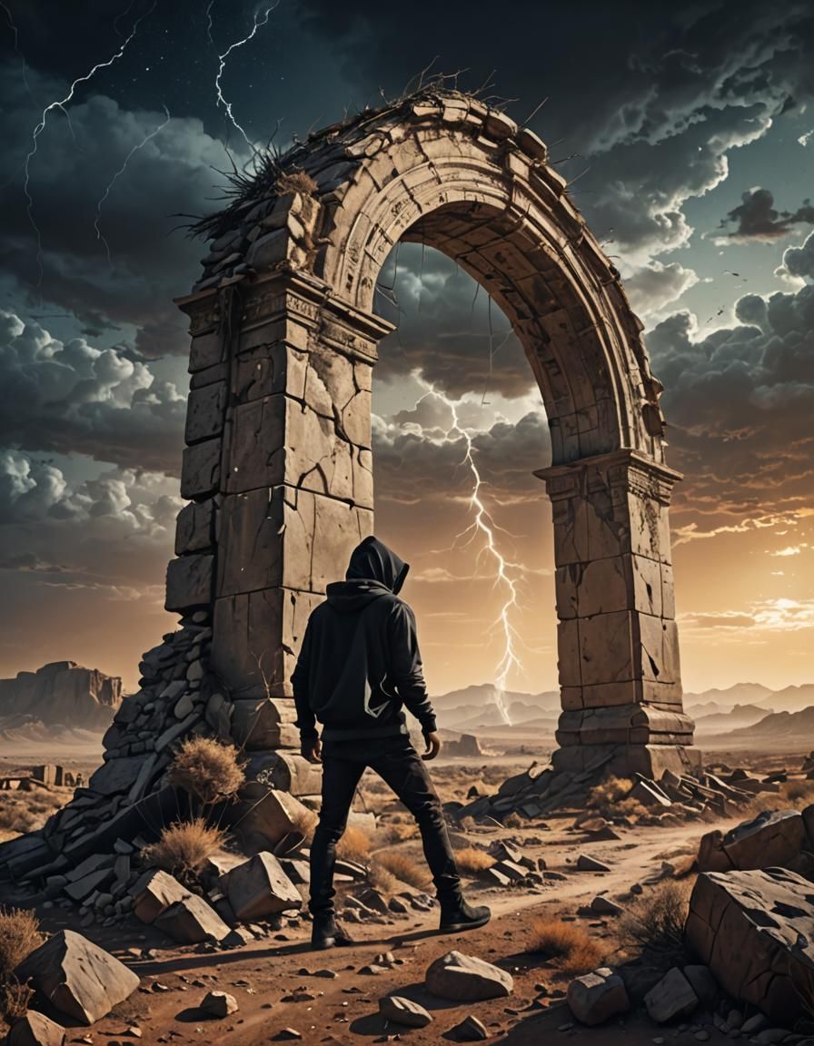 Post-Apocalyptic Youth with Tablet Under Surreal Sky