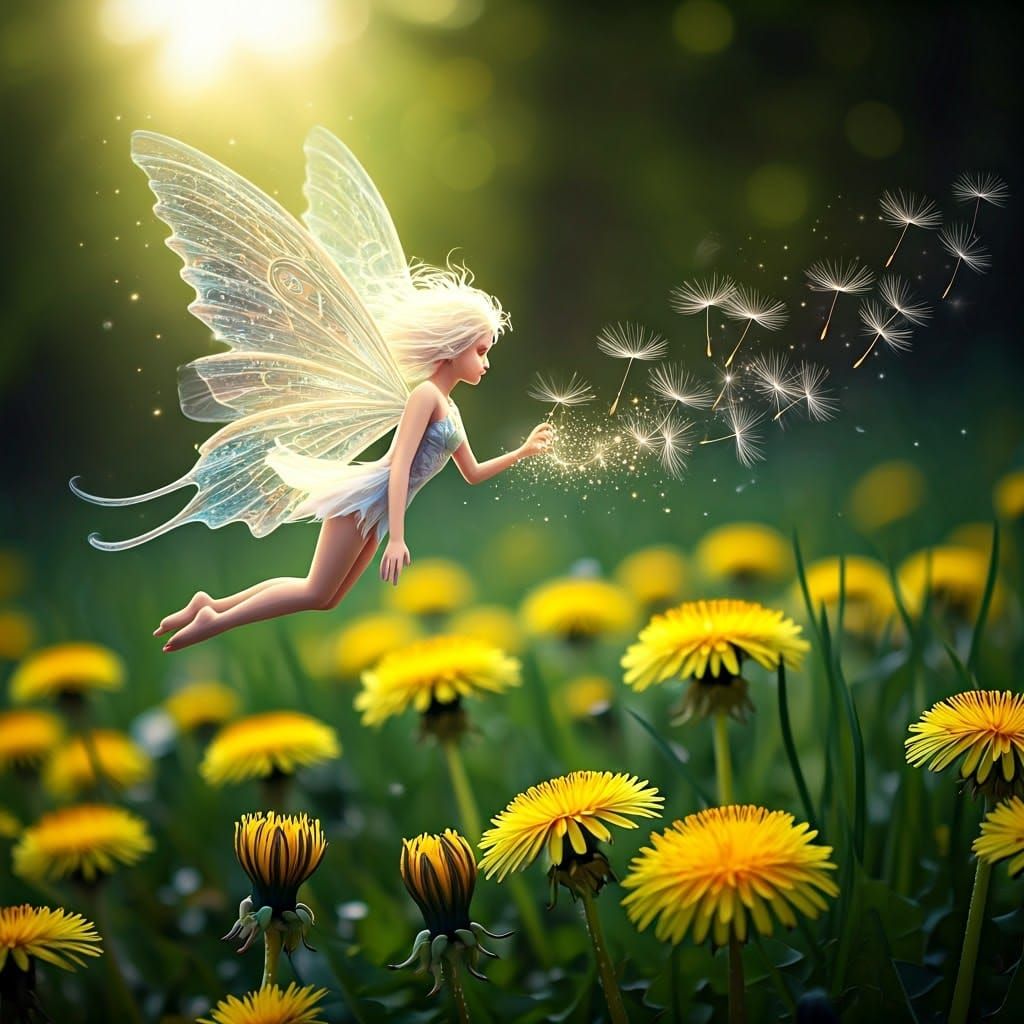 Delicate Fairy Hovers Above Dandelions in Vibrant Summer Lan...