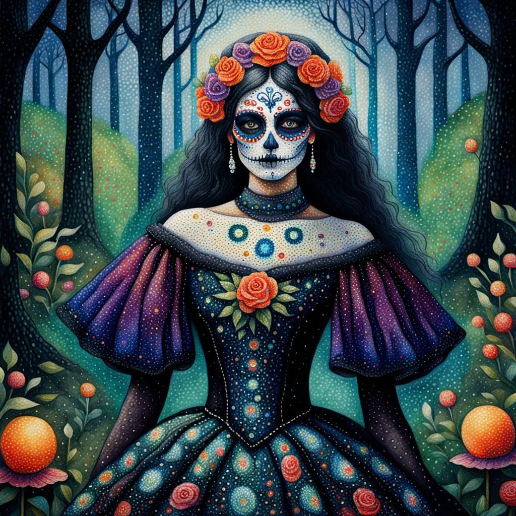 Day of the Dead Gowns in Pointillism Style