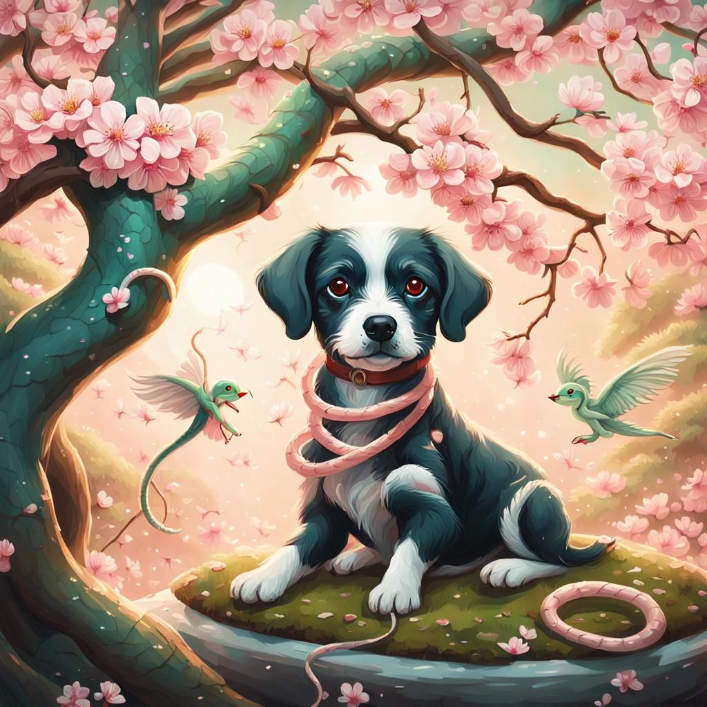 Cute Dog in Asian Garden with Cherry Blossoms