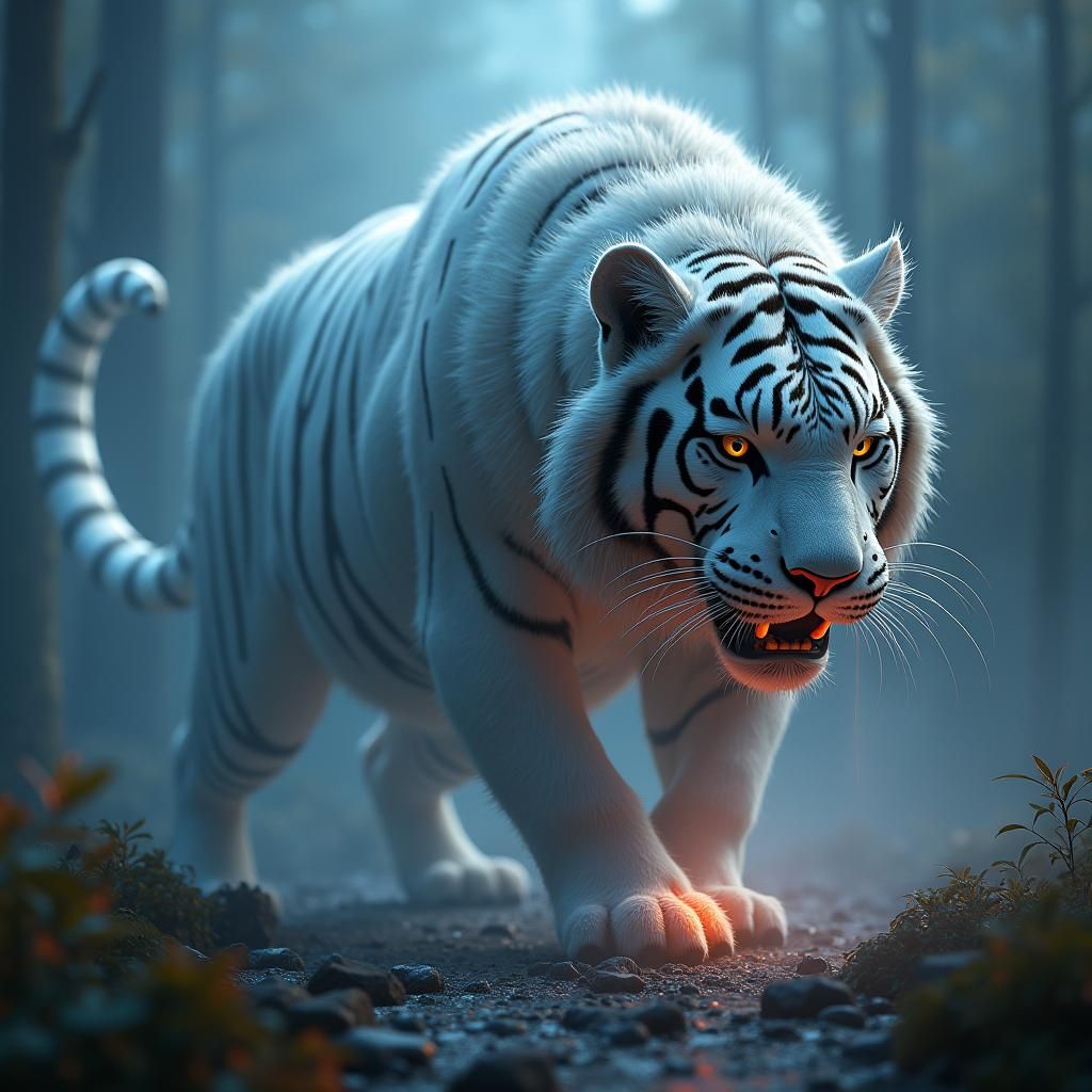 Robotic White Tiger in Detailed Matte Painting