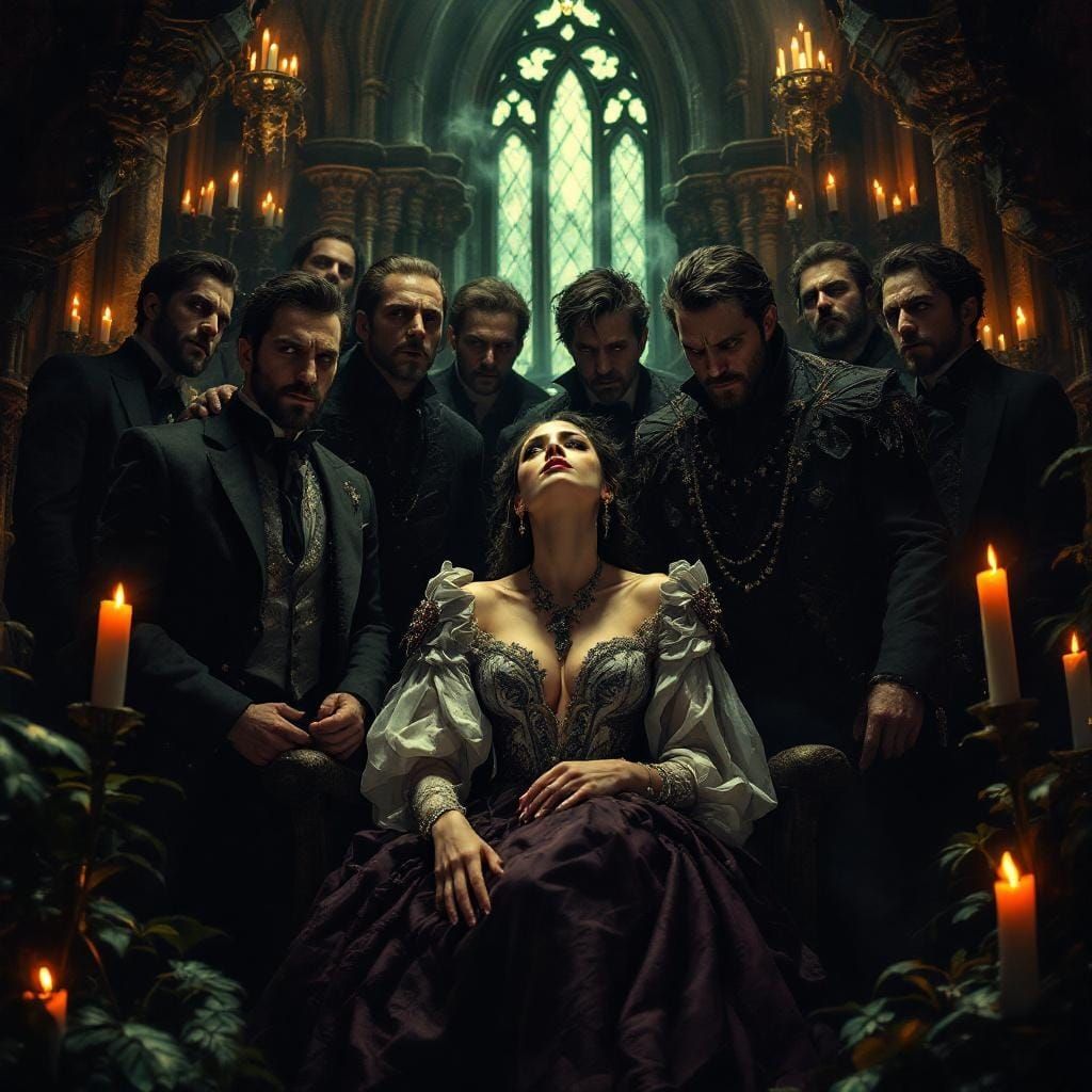 Ethereal Gathering: Victorian Woman in Gothic Chamber