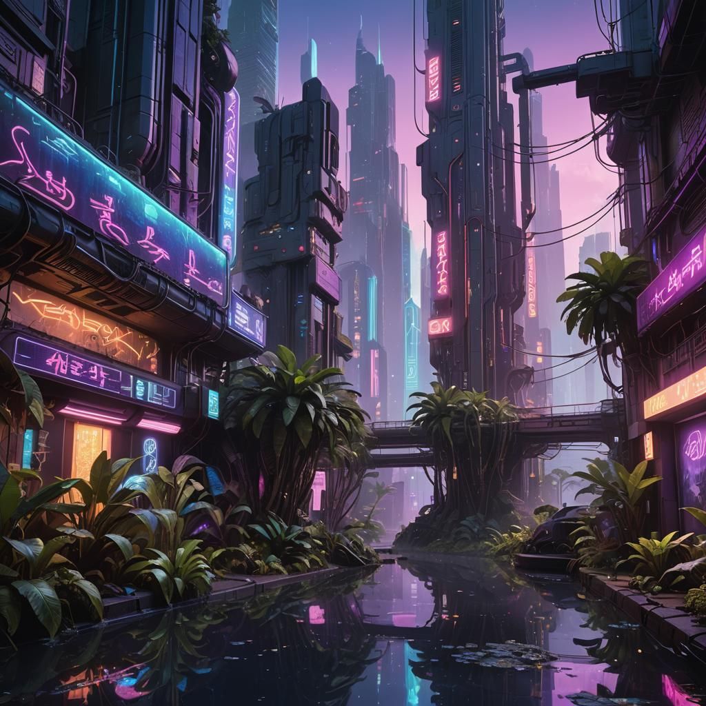 Cyberpunk Oasis: Neon Lights and Exotic Plants