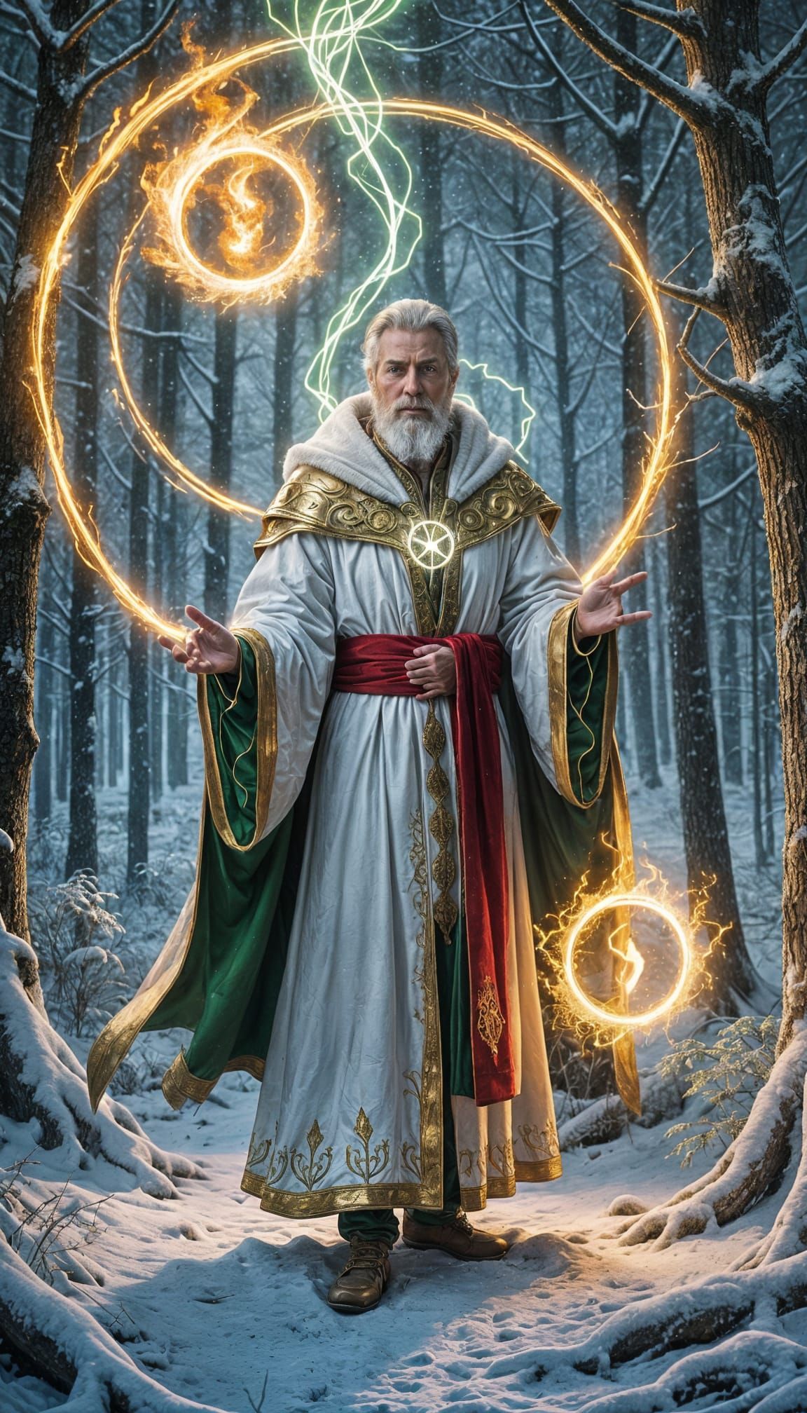 Sorcerer Conjuring Fire and Electricity in Frozen Forest