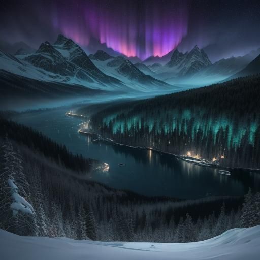 Eagles Soaring Under Northern Lights: Digital Matte Painting