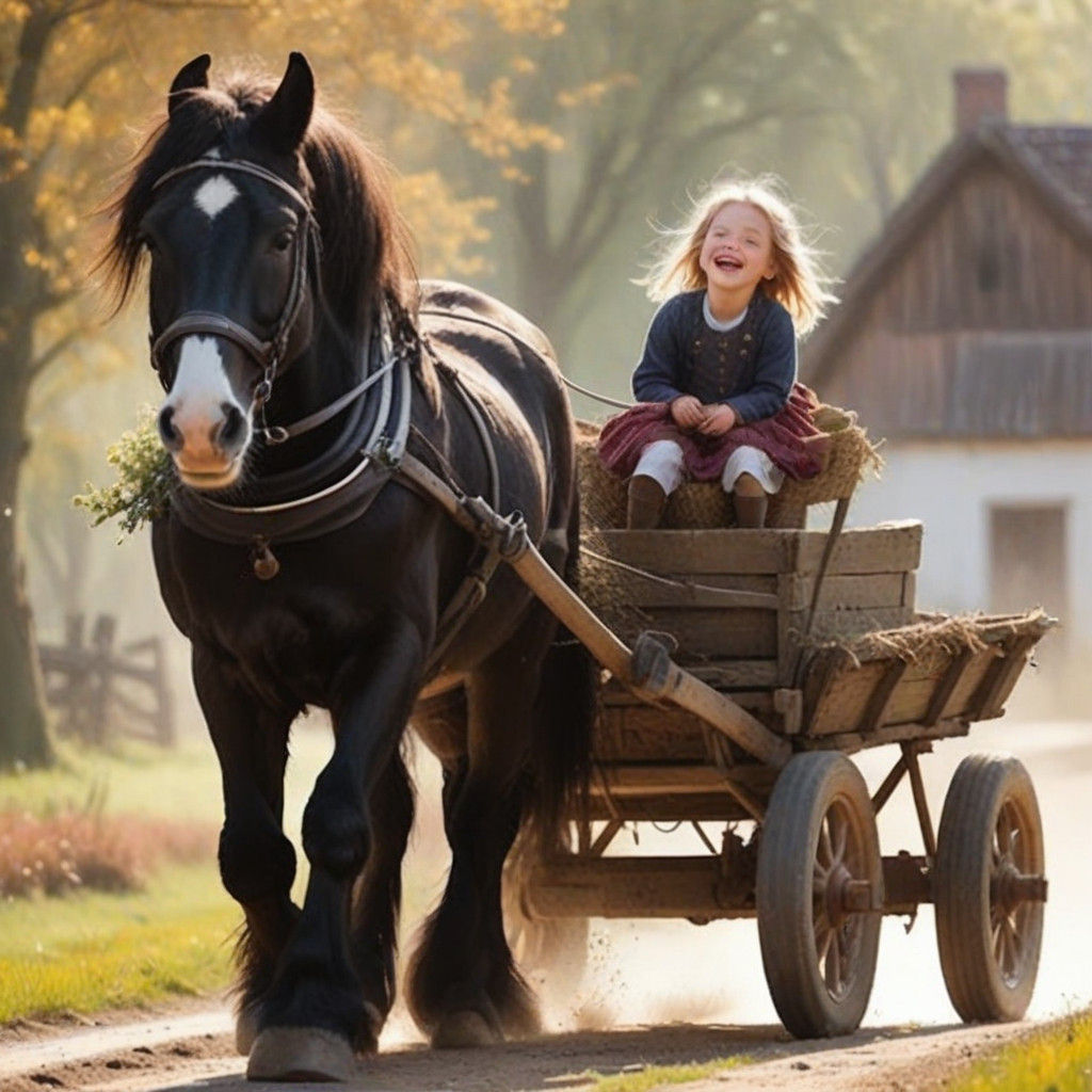 Surreal Countryside Scene with Happy Girl and Draft Horse in...