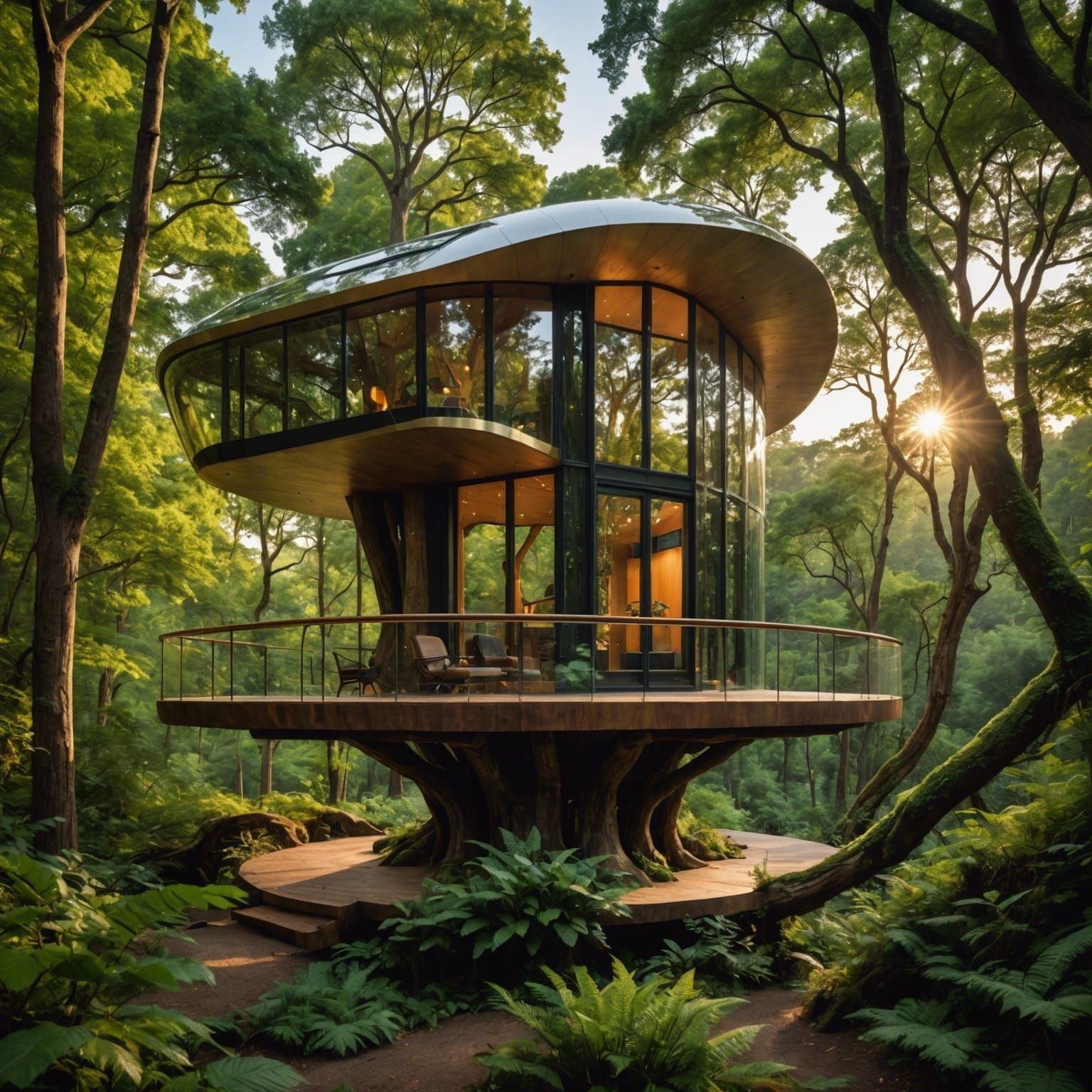 Futuristic Treehouse Cabin in Golden Light