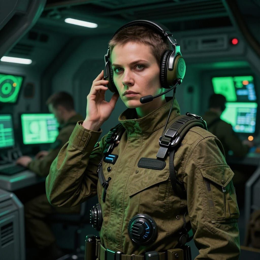 Stern Female Russian Military Technician in Futuristic Subma...