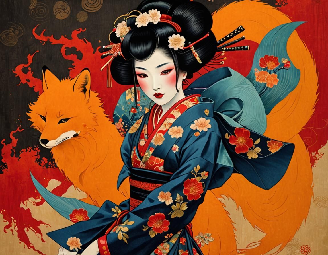 Elegant Geisha with Fox-Like Attributes, in Art Nouveau Styl...