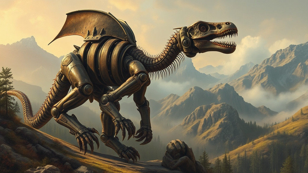 Cyborg Creature in Lush Prehistoric Landscape
