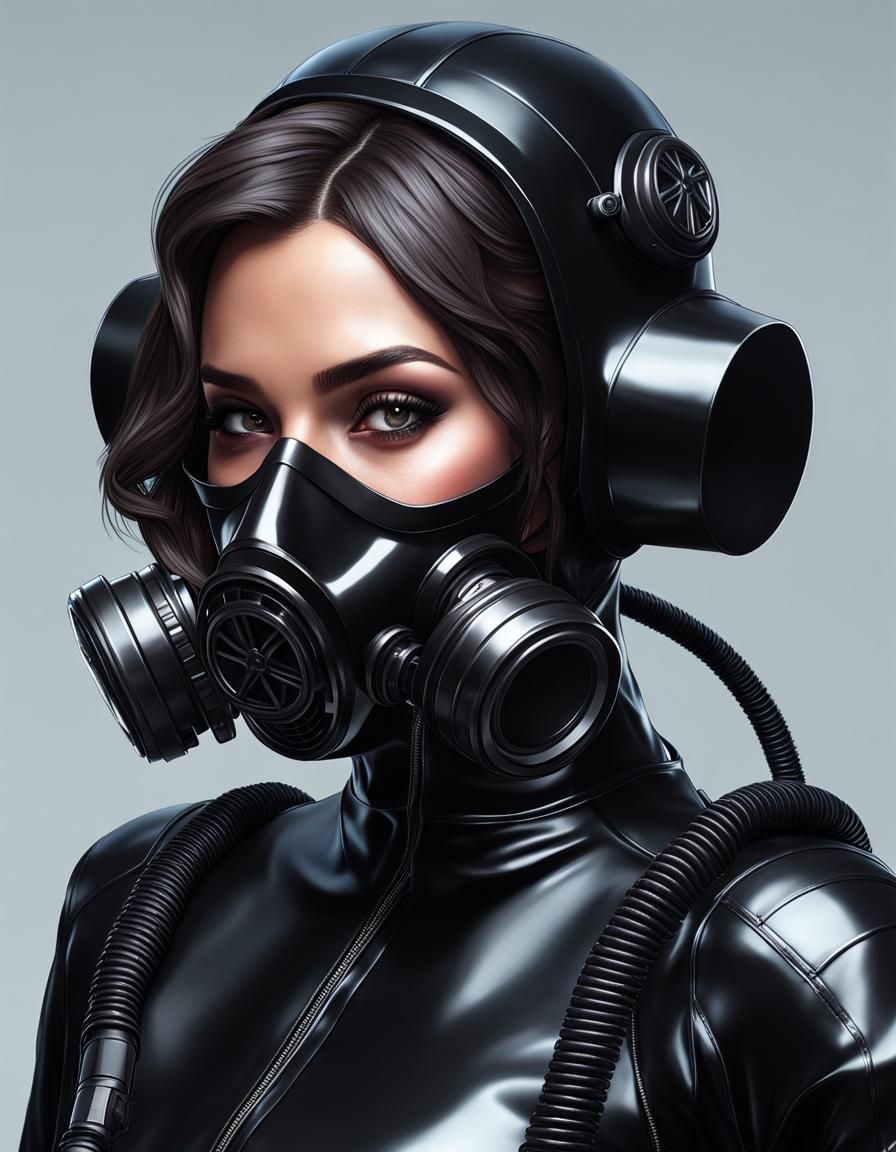 Woman in Shiny Outfit and Gas Mask, Detailed Portrait