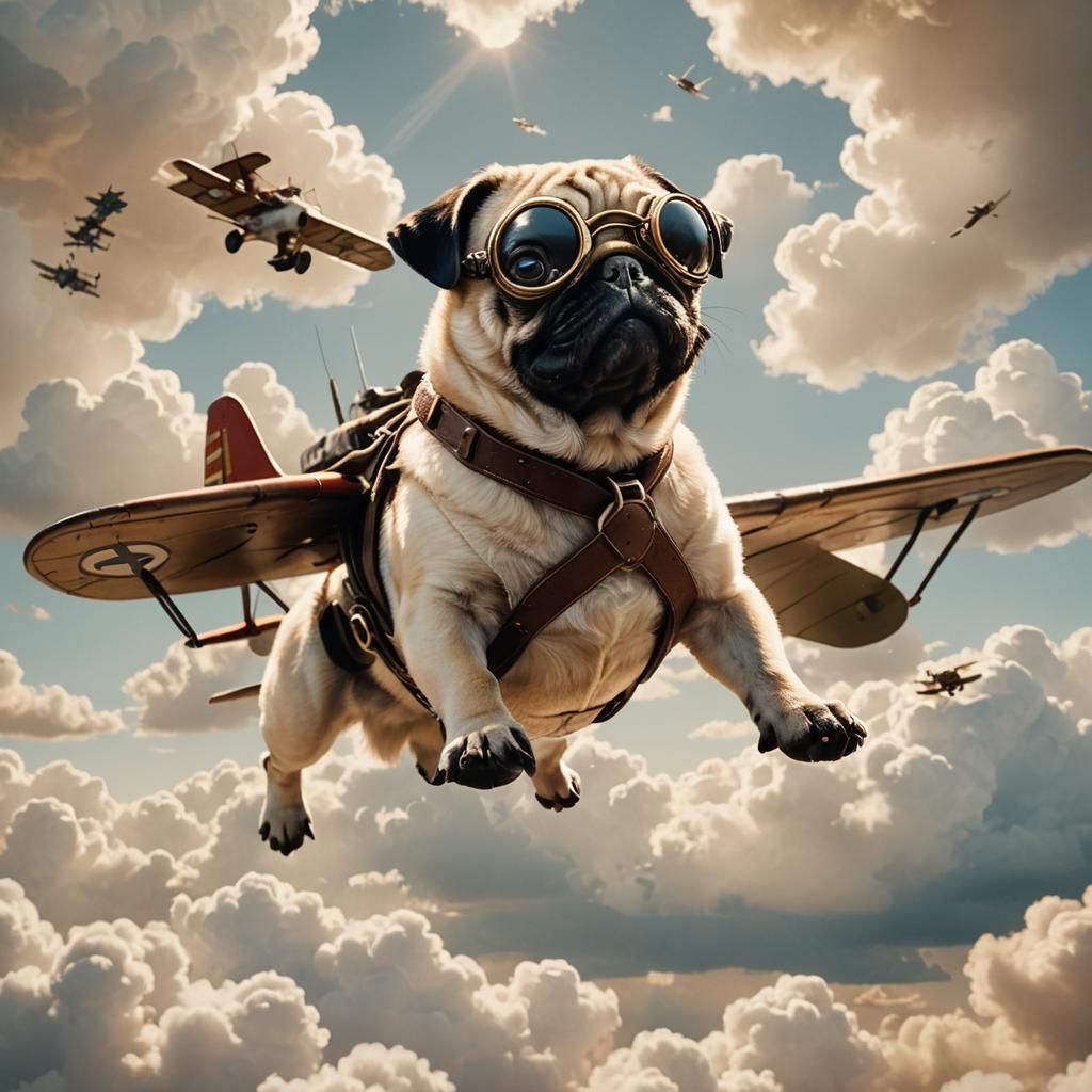Pug Pilot Flying Biplane in Cinematic Style