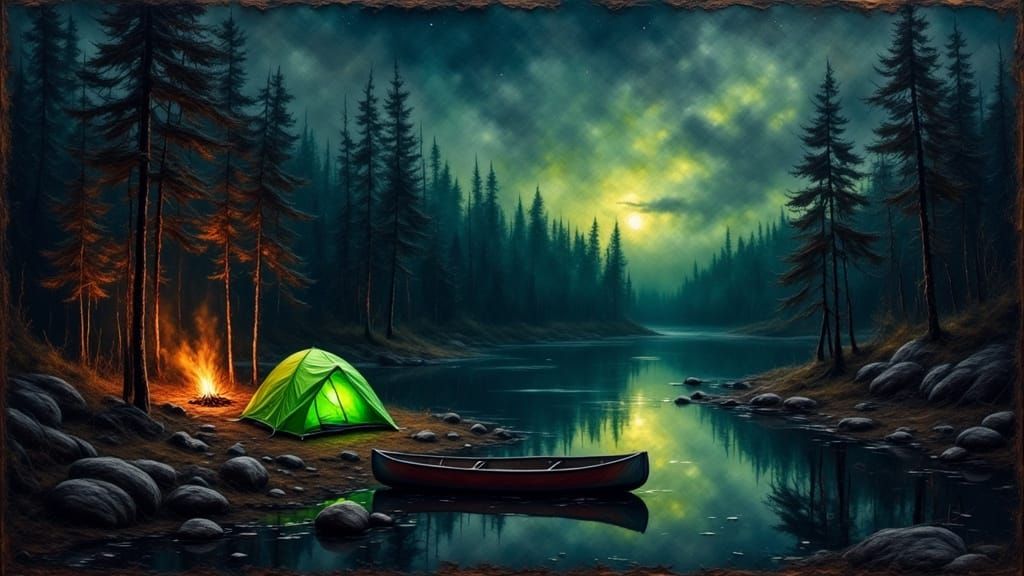 Grungy Dystopian Oil Painting of a Neon Tent