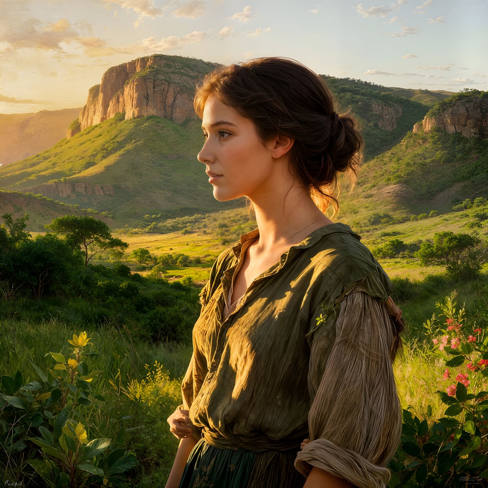 Young Woman in Old Clothes in Lush Magaliesberg Landscape