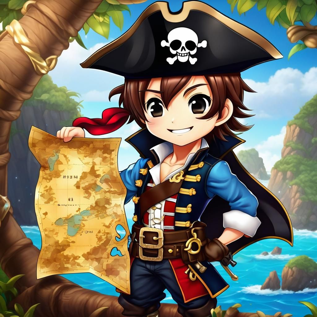 Handsome Chibi Pirate Gleefully Looks at Treasure Map