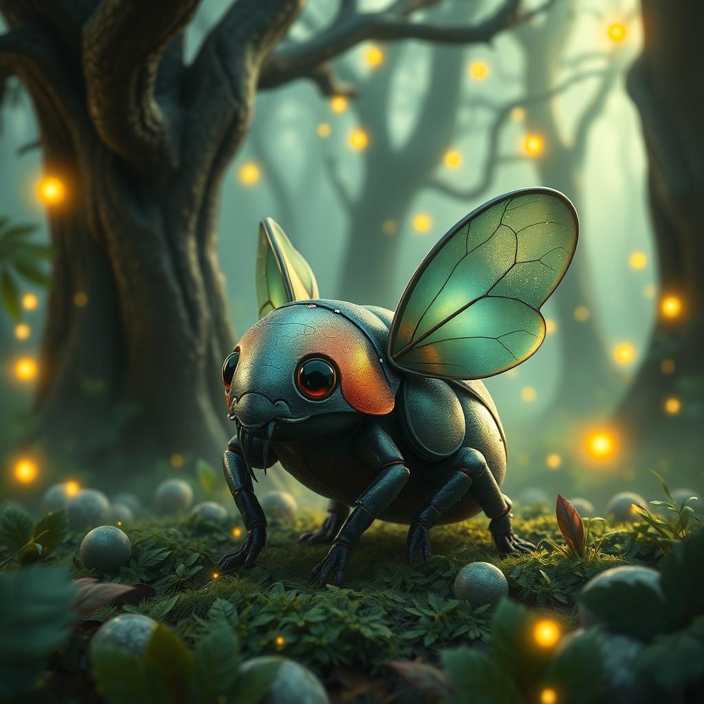 Armored Insectoid in Misty Woodland Forest