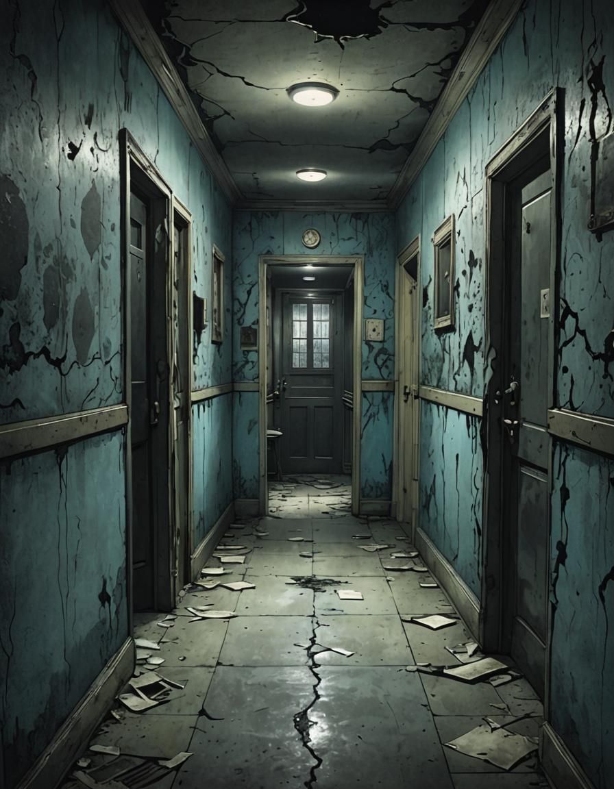 Gloomy Mental Hospital Hallway in Graphic Novel Style