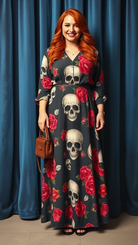 Plus-Size Model in Skull Rose Dress as Oil Painting
