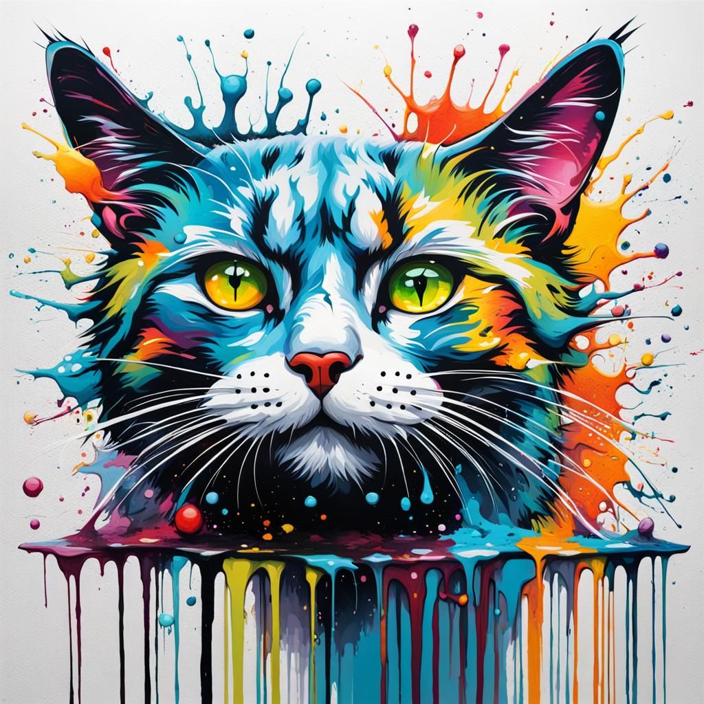 Colorful Whimsical Cat Graffiti Street Art