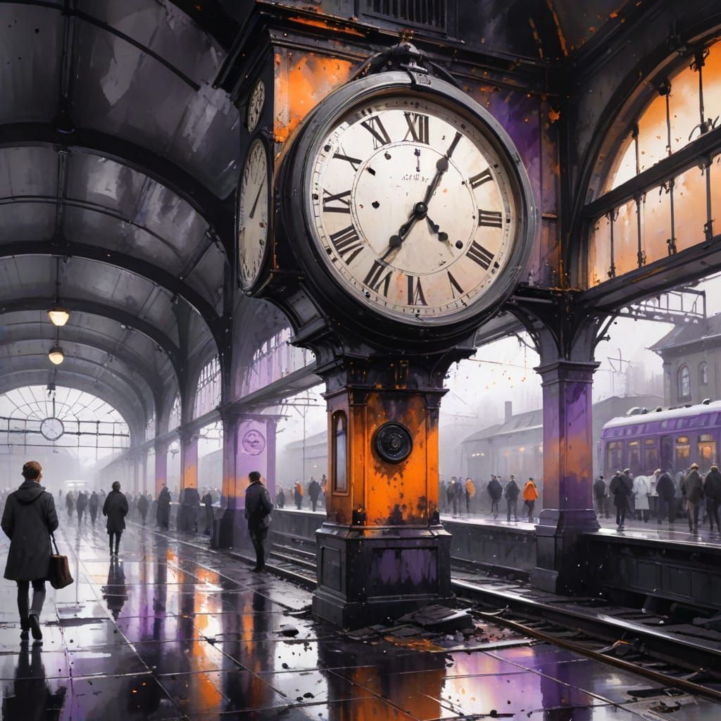 Grayscale Watercolor Train Station Clock in Haenraets Style