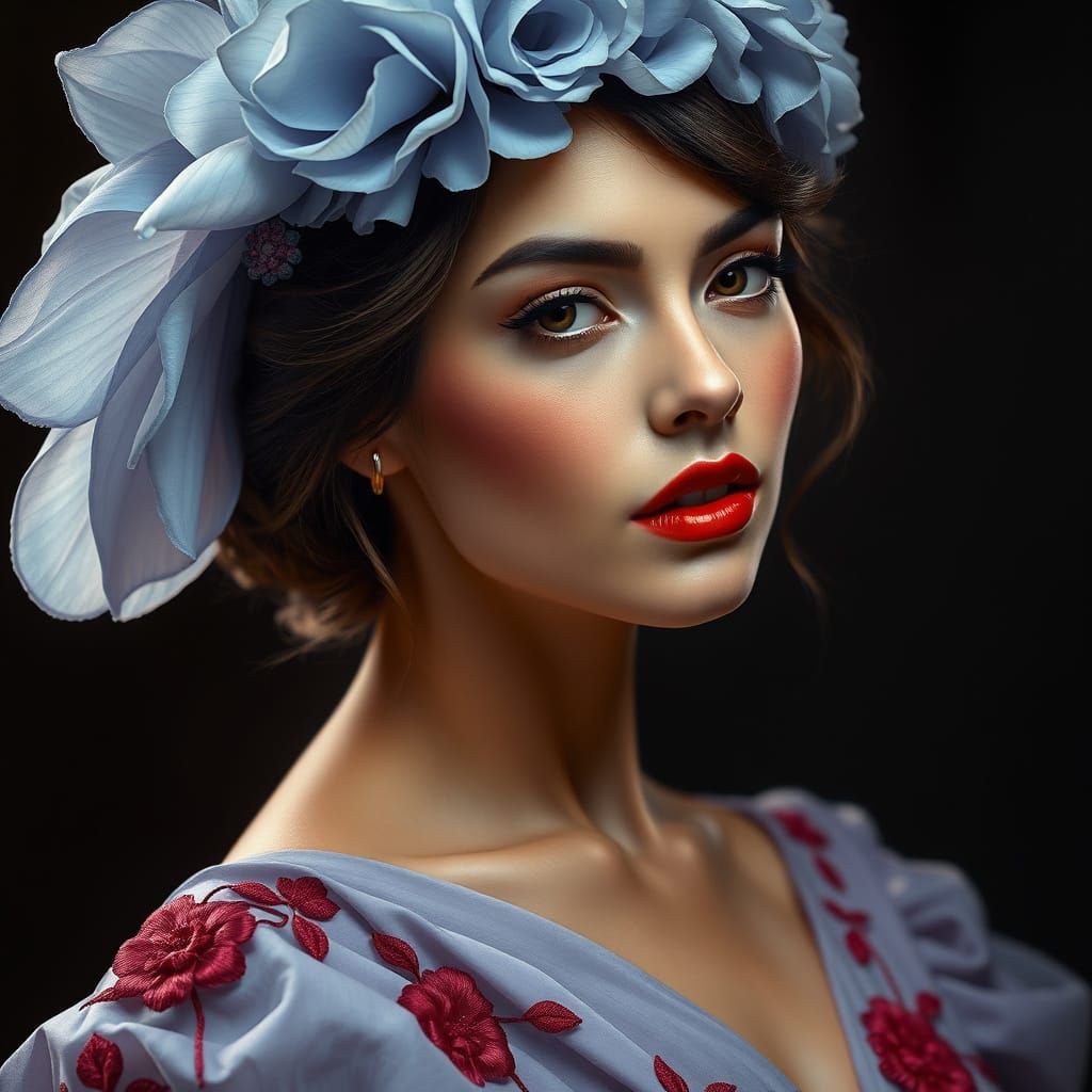 hyperrealistic woman, elegant pose, large light-blue flower crown/headpiece, softly draped, light-purple/lavender gown, ...