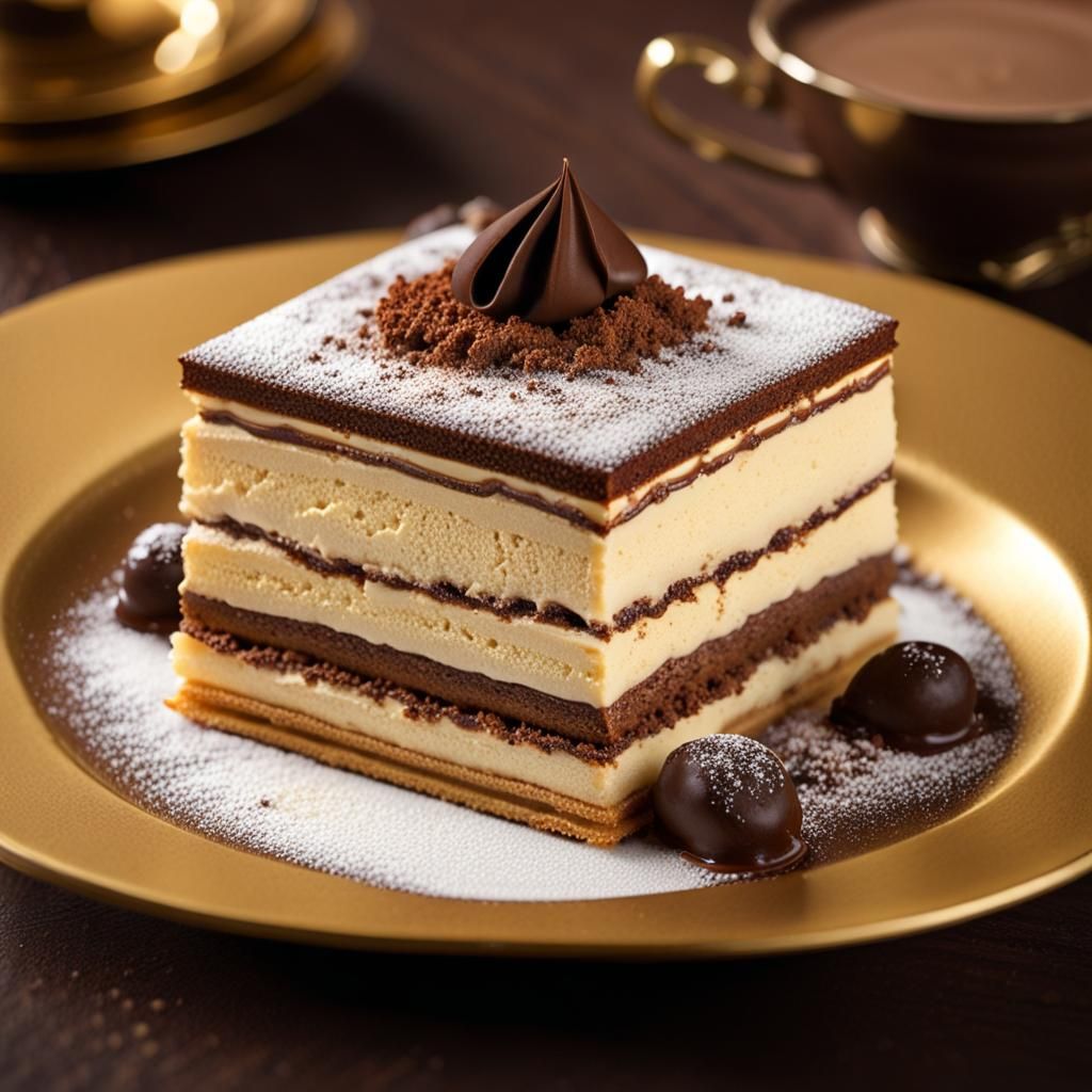 Delicious Tiramisu Dessert on Golden Plate